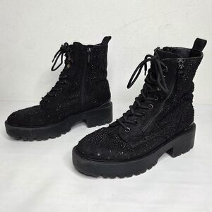 GUESS Fearnea Rhinestone Combat Boot Chunky Whimsigoth Grunge Lug Sole Black 8M